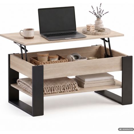 Mesa de centro elevable DENVER 92 cm rectangular con estante Roble Sonoma patas negras