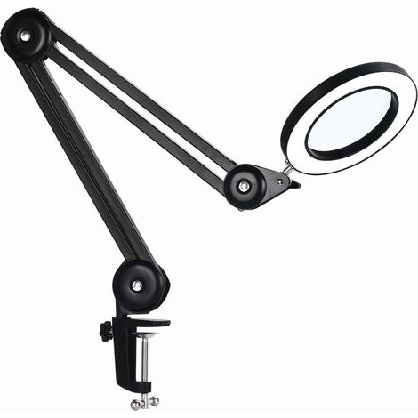 Magnifying Lamp, Work Light – with 160mm Glass Lens, 5 Diopters, Metal Clamp, Swivel Arm, 3-Color Dimmable Light, Black (1/5)