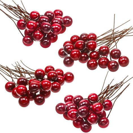 Bayas de acebo artificiales, 100 mini bayas de 10 mm en alambre para decoraciones de árboles de Navidad, coronas de flores, proyectos de bricolaje (rojo vino) (1/4)