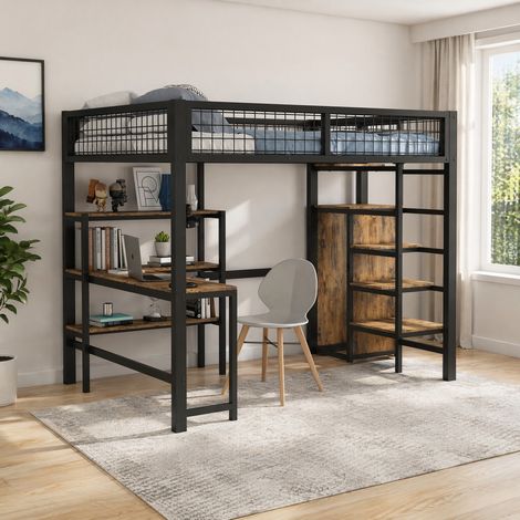 Letto a soppalco 140x200 cm con scrivania, armadio e ripiani, struttura in metallo e MDF nero e marrone, salvaspazio per studio e camera da letto - FLORAGRACE (1/5)