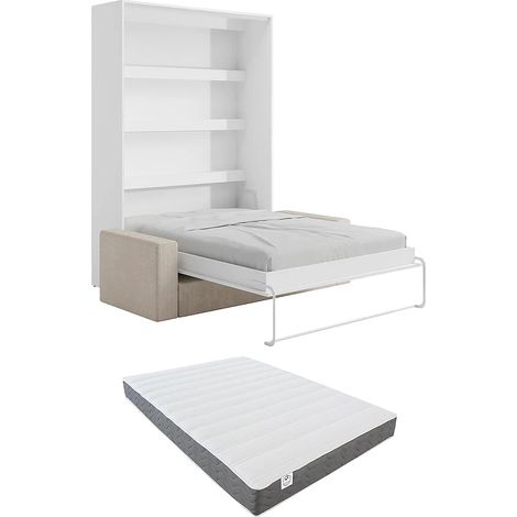 Lit escamotable 140 x 200 cm - Ouverture verticale manuelle - Avec LEDs - Blanc + Canapé en velours côtelé beige + Matelas - RAPILI (1/5)