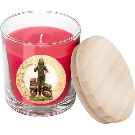 Bougie de Saint Onuphre rouge Bocal en verre avec couvercle dans une boîte avec l'Histoire 7 x 7 x 8,5 cm