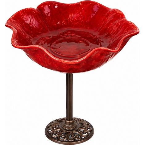 Mangeoire à oiseaux en forme de fleur rouge, diamètre 15 cm, hauteur 65 cm, abreuvoir de jardin (1/5)