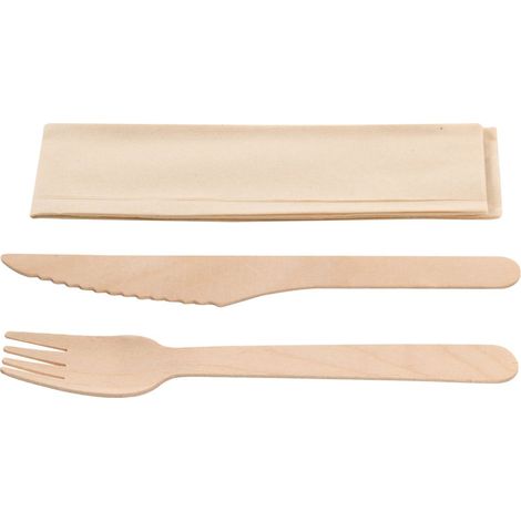 Kit couverts 3 en 1 en bois : couteau + fourchette + serviette kraft - 500 unités - Betik