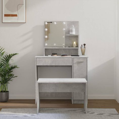 Ensemble de coiffeuse et Miroir + tabouret avec LED,Style Moderne Gris béton Bois d'ingénierie -BV36151 (1/5)