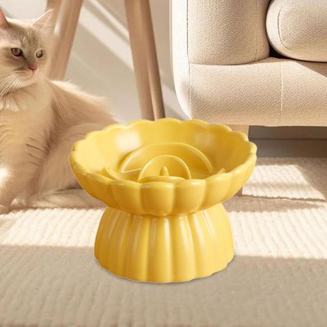 Yellow Raised Anti-gulping Cat Bowl, Elevated Pet Feeder to Protect Cat Cervical Spine