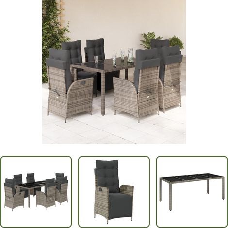 vidaXL Gartentisch - 7-tlg. Garten-Essgruppe mit Kissen Grau Poly Rattan (1/5)
