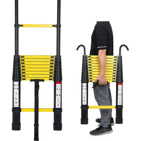 SWANEW Échelle télescopique avec crochet escabeau aluminium noir+jaune 3,2m (1/5)