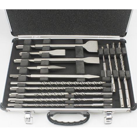 Set of 17 electric hammer drill bits in aluminium, pointed chisel and flat chisel (1/2)
