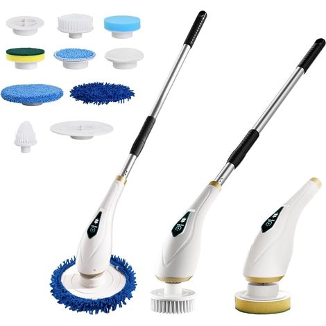 Brosse de nettoyage électrique sans fil avec 8 têtes remplaçables, poignée d'extension pour baignoire, cuisine, sol, salle de bain, carrelage, murs - Mode 2 vitesses