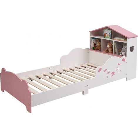Relaxdays Cama infantil 70x140 cm, casa-estantería, protector anticaídas, somier, diseño ositos, blanco/rosa