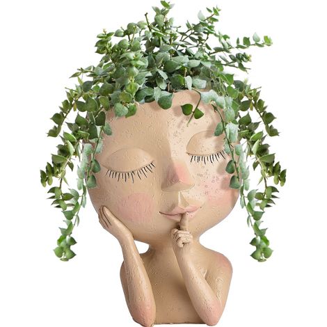 Pot de Plantes Résine - Planter en Tête Décoratif - Modèle Sculpté Femme - Résistant à l'eau avec Drainage 17x9cm - Set 1 (1/5)