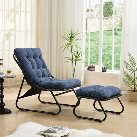 Chaise longue patio avec pouf dossier sling confort matelas épais pour salon chambre lecture cadre noir coussin bleu marine (1/4)