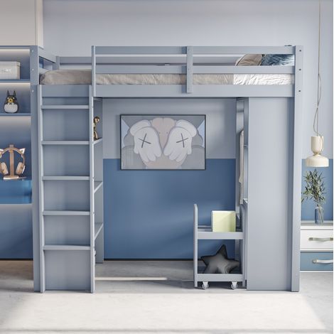 Lit mezzanine enfant 90x200 cm en bois gris avec rangements et penderie, gain de place (1/5)