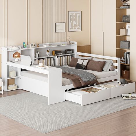 Sofá cama de madera blanco 140x200 cm con escritorio, estanterías, 2 cajones y enchufe (1/5)