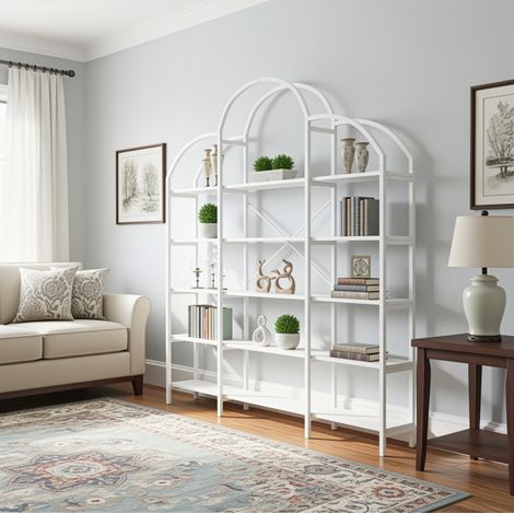 170 x 26 x 190 cm Regal im schlichten Stil, Stahlrohr-MDF-Material, fünf Schichten Stauraum, einzigartige Wolkenform, einfach zu montieren und zu reinigen, Weiß (1/5)
