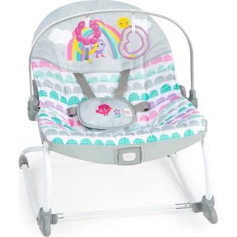 BRIGHT STARTS Transat bébé évolutif Arc-en-Ciel, rosa, beruhigende Vibrationen, 2 Neigungspositionen, bis zu 30 Monate