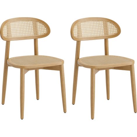 COLAMY Lot de 2 chaises de salle à manger en rotin naturel tressé, dossier incurvé ergonomique, structure en bois massif, style vintage moderne, coloris bois naturel (1/5)