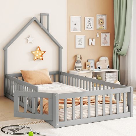 Hausbett, 90 x 200 cm, Kinderbett mit Schornsteinform, Bett mit Lattenrost (ohne Matratze), Kiefernholz, Minimalistischer Stil, Grau