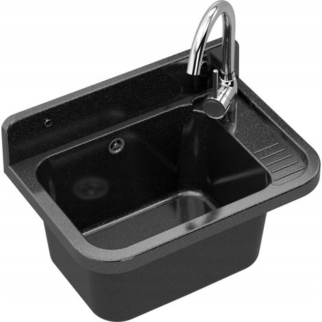 Évier Utilitaire Noir Marbré - 50x34x31 cm - Robinet Chrome 360° - Siphon Inclus - Paron (1/5)