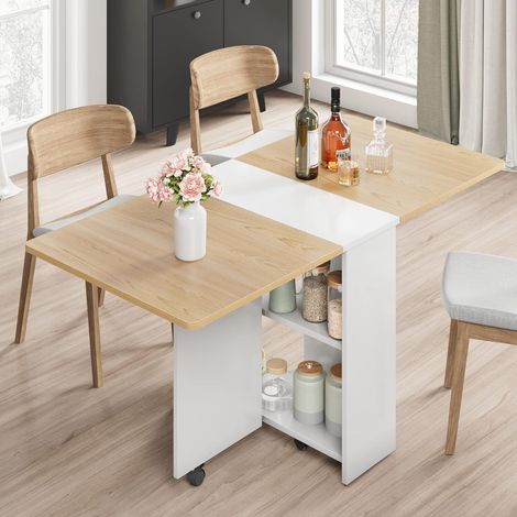 Table à manger pliable aspect bois naturel 120x60x75 cm, abattant, roulettes 6 pièces et 2 étagères (1/5)