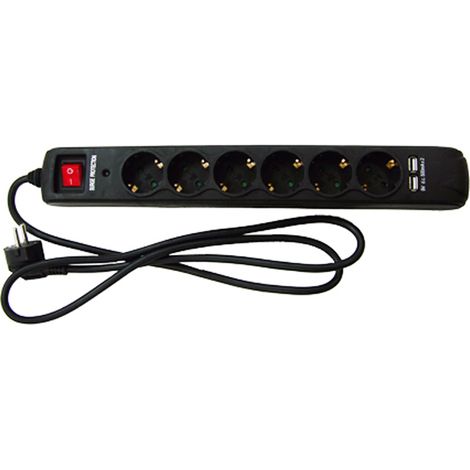 Regleta de enchufe 6 Tomas c/interruptor y proteccion sobretension +1,5m cable3g1.5mm2mm2 + 2 puertos usb