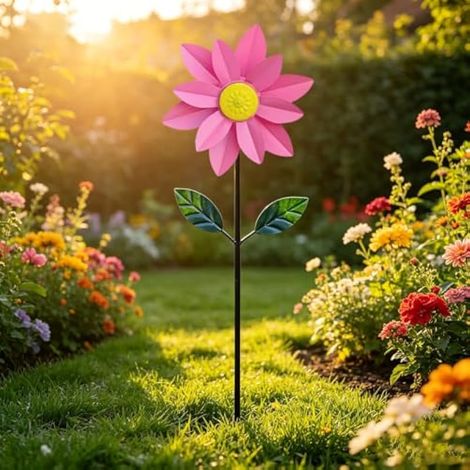 Moulin à vent en forme de tournesol pour décoration d'extérieur, sculpture à vent en métal avec piquet de jardin, moulin à vent en fer rotatif pour terrasse et cour (rose) (1/5)