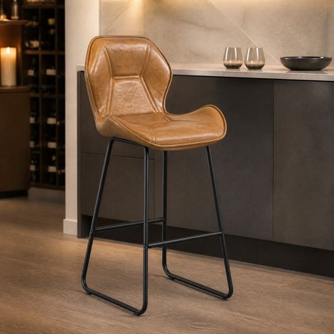 Juego de 2 taburetes de bar, respaldo ergonómico, reposapiés integrado, cuero sintético y metal marrón (1/5)
