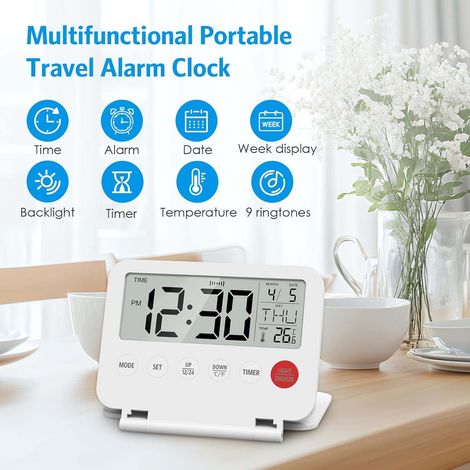 mini réveils pliables numériques écran LCD rétroéclairé thermomètre snooze date et heure horloge de bureau pour chambre cuisine Lot de 2 (1/5)