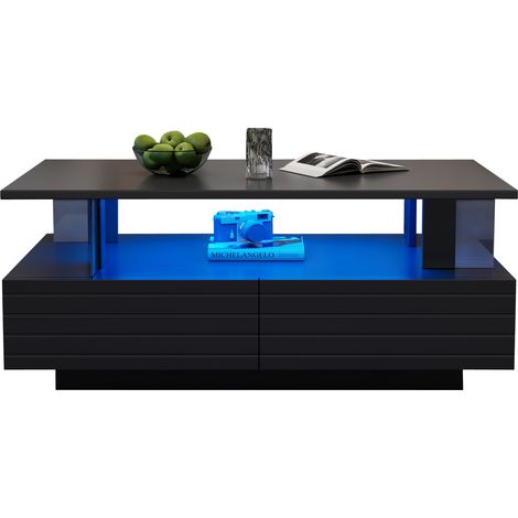 ELVMI Mesa de Centro con 2 Cajones y Estante Abierto, LED Controlado por Aplicación, Acrílico Negro, 100 x 50 x 42 cm (1/5)