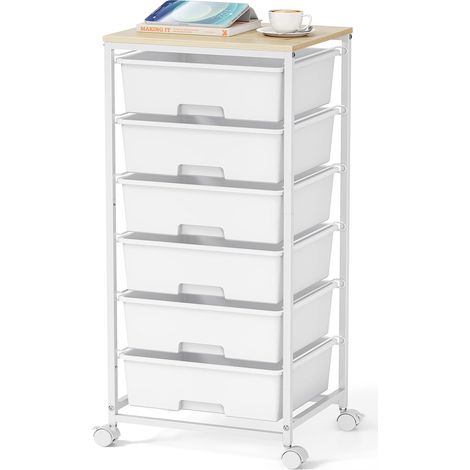 Chariot de rangement à 6 tiroirs avec plateau en bois, blanc (1/5)
