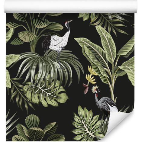Papel pintado con hojas tropicales y grullas para salón y dormitorio, 50x1000 cm. (1/5)