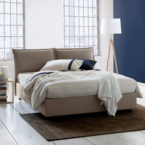 Dmora - Cama matrimonial Dcarrar, Cama contenedor con revestimiento de tela, 100% Made in Italy, Apertura frontal, con colchón 160x190 cm incluido, Tórtola (1/5)