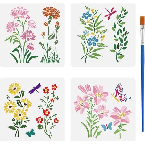 4 Pièces Pochoirs de Branche Fleurie avec Pinceau 15x15cm Pochoirs Floraux Marguerite Lys Pochoir de Volutes Florales Gabarit de Thème de Plante pour Peinture sur Bois Mur Toile Meuble (1/5)