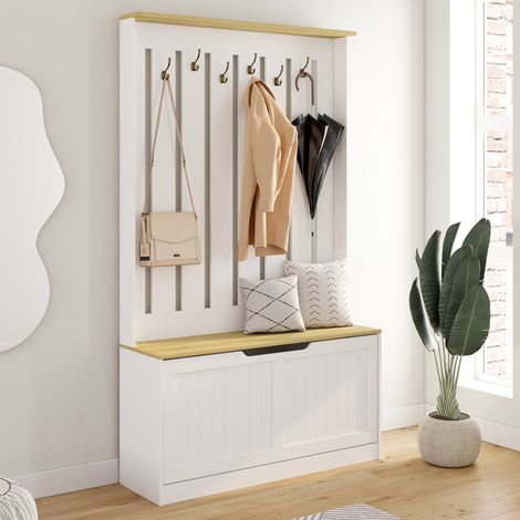Aparador de entrada LEON: mueble para zapatos y perchero con 6 ganchos y banco, ideal para la entrada, el salón o el dormitorio (1/5)