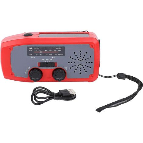 Radio di emergenza a manovella con torcia a LED, AM/FM, radio meteo portatile NOAA con batteria da 2000 mAh, ricaricabile tramite USB e alimentazione solare per campeggio, colore rosso. (1/5)