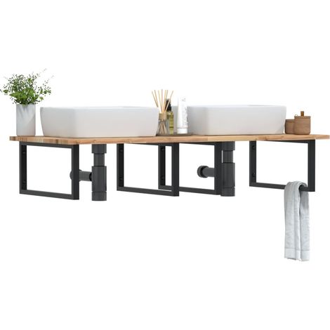 Plan vasque mural 140 x 60 cm en acacia massif et acier noir, 4 supports - PANGIVO (1/5)