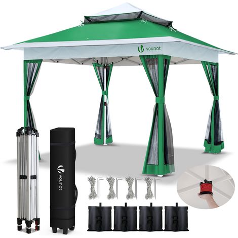 VOUNOT 3.6x3.6m Pop Up Gazebo w/Central Lock System Mesh Side Double Roof Green
