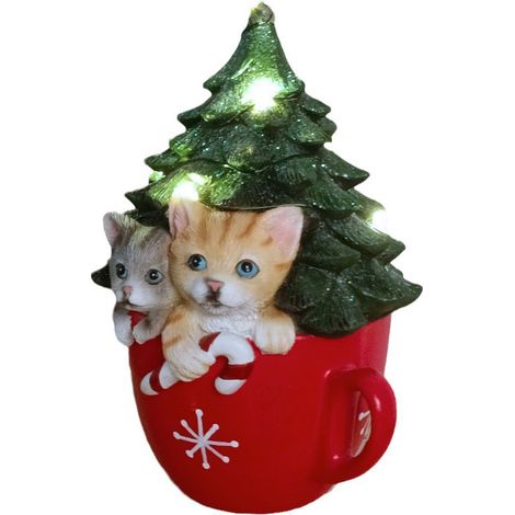 Chat de Noël en tasse (pile bouton amovible) - Décoration de sapin de Noël - Figurine de chat en tasse - Cadeau lumineux de Noël (1/2)