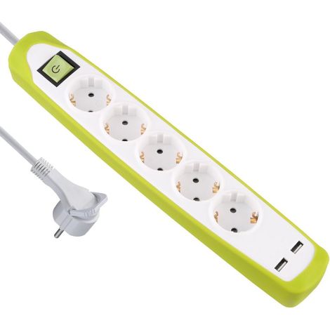 Bloc multiprises 4 Prises et 2 Prises USB 2,1 A, 2 m, Vert, 62161 (1/5)
