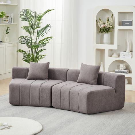 Modulo divano curvo in chenille grigio, design a tasti di pianoforte, con 2 cuscini (1/5)