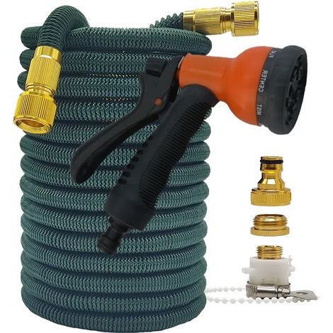 Tuyau d'arrosage haute pression Magic de 1,6 m (5,25 pi) pour la maison et le jardin, flexible, double raccord métallique, vert foncé, pistolet de lavage pour voiture. (1/4)