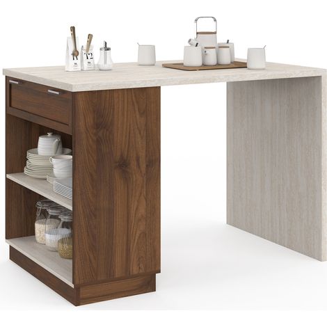 Idmarket – Ilot central mange-debout 4 personnes – Table haute 130 cm x 80 cm – Structure en panneaux de particules – Plateau effet travertin
