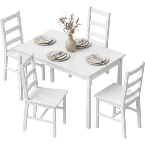 Ensemble salle à manger 5 pièces 4 personnes table rectangulaire chaises bois massif blanc, idéal petit espace