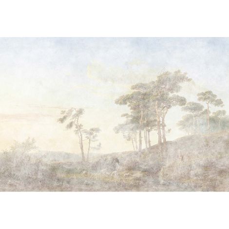 Papier peint panoramique pastel paysage Tapisserie panoramique forêt pour chambre Papier peint panoramique moderne bleu et jaune (1/2)