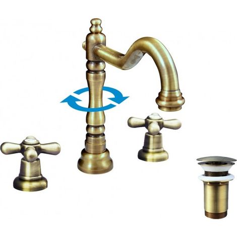 Mélangeur lavabo rétro 3 trous MORAVA avec bonde en laiton bronze (1/5)