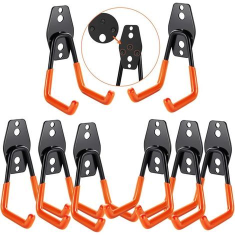 Crochets muraux de garage, rangement de garage, crochets muraux en acier pour échelles, vélos, tuyaux, outils électriques (orange 8 pièces) (1/4)