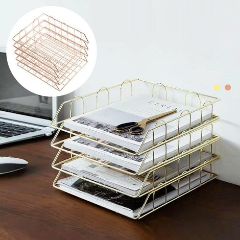 Lot de 4 corbeilles à courrier empilables en fil métallique pour la maison, l'école et le bureau - Pour organiser documents, fichiers, maquillage (or) (1/4)