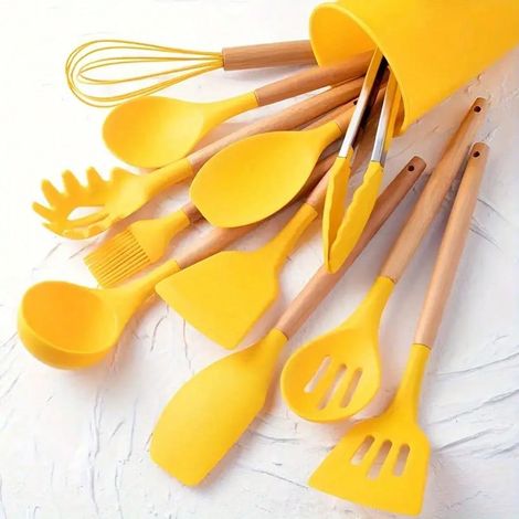 Set d'ustensiles antiadhésifs, 12pcs Set d'ustensiles de cuisine en silicone avec manches en bois, sûrs et faciles à nettoyer, parfaits pour cuisiner et pâtisser, 600G (1/4)