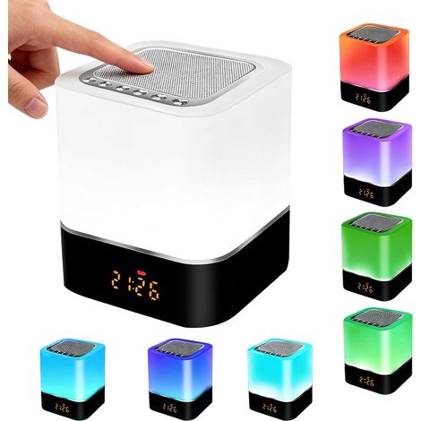 Réveil avec enceinte Bluetooth, lampe de chevet LED tactile à intensité variable et 7 couleurs, lecteur MP3 numérique avec carte SD et port USB, enceinte multifonction portable 5 en 1 pour la chambre (1/5)